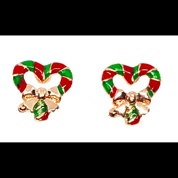 Christmas Red Green Enamel Candy Cane Heart w/ Bow Rose Gold Tone Stud Earrings - Picture 1 of 4